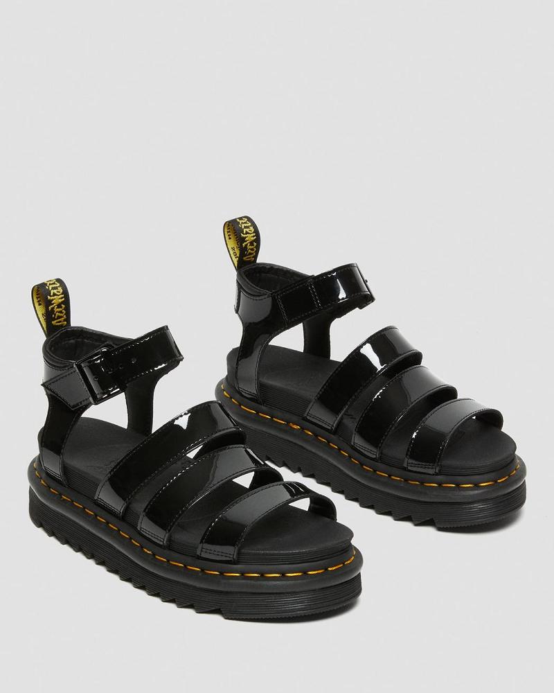 Dr Martens Blaire Lak Læder Sandaler Med Rem Dame Sort | DK 326NWY